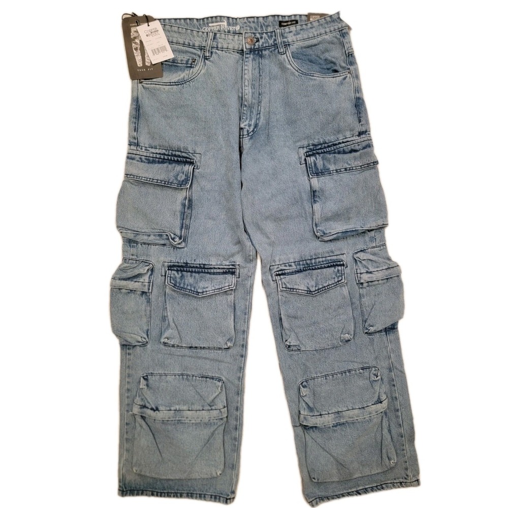 Copper Rivet Mens Multi Pocket‎ Cargo Jeans: Comfort Fit, Medium Wash 36x32 NWT